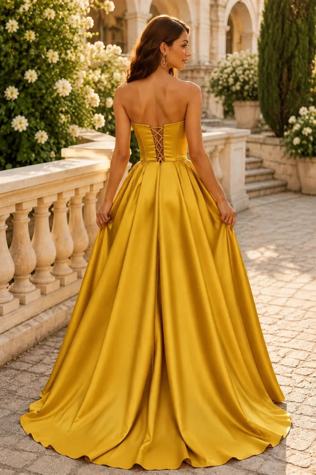 Wrenora Strapless Sweetheart Satin Ball Gown Prom Dress with Slit