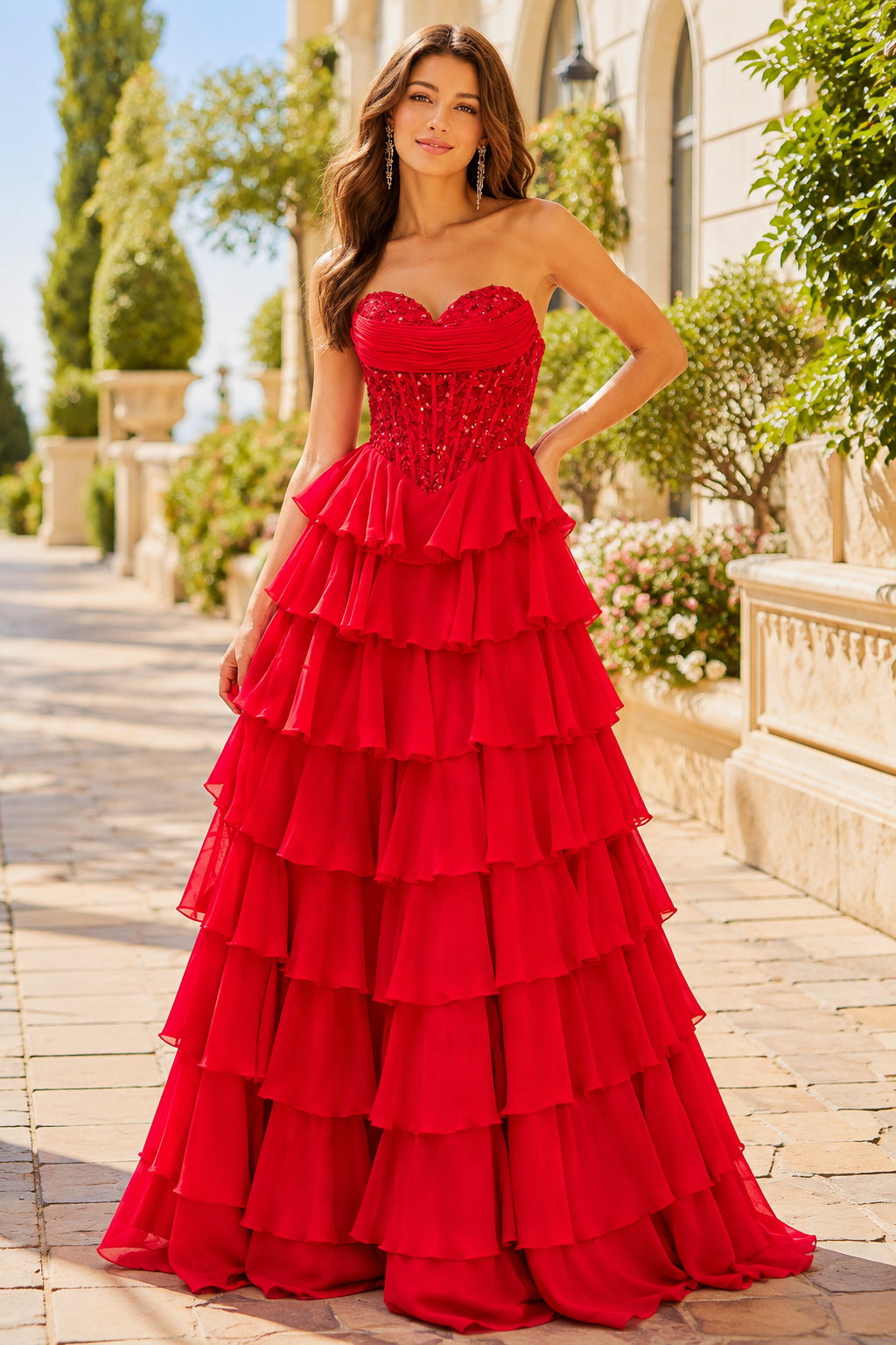 Galisse Strapless Tiered Ruffle Ball Gown Prom Dress