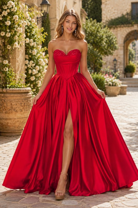 Kazaria Strapless Sweetheart Satin Ball Gown Prom Dress with Slit