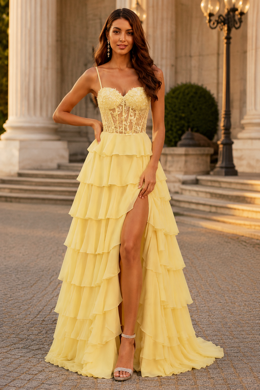 Orlena Beaded Corset Tiered Ruffle Prom Dress with Slit