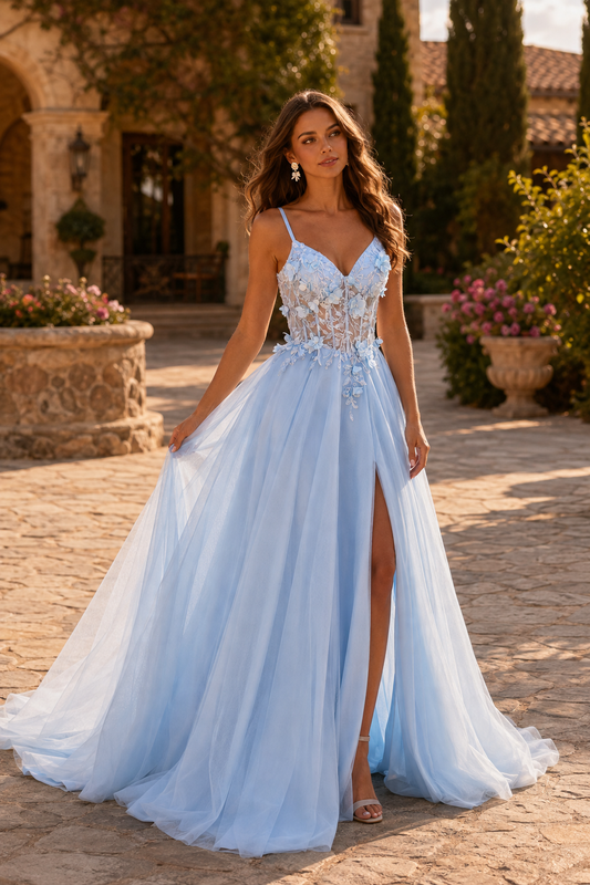 Xelora Floral Applique Tulle A-Line Prom Dress with Slit