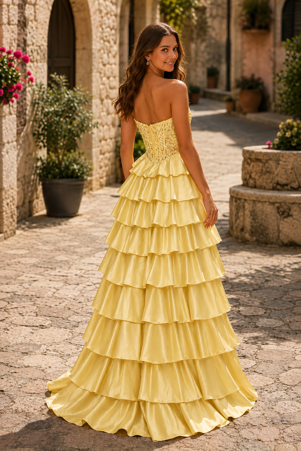 Cazelle Strapless Tiered Ruffle Ball Gown Prom Dress with Slit
