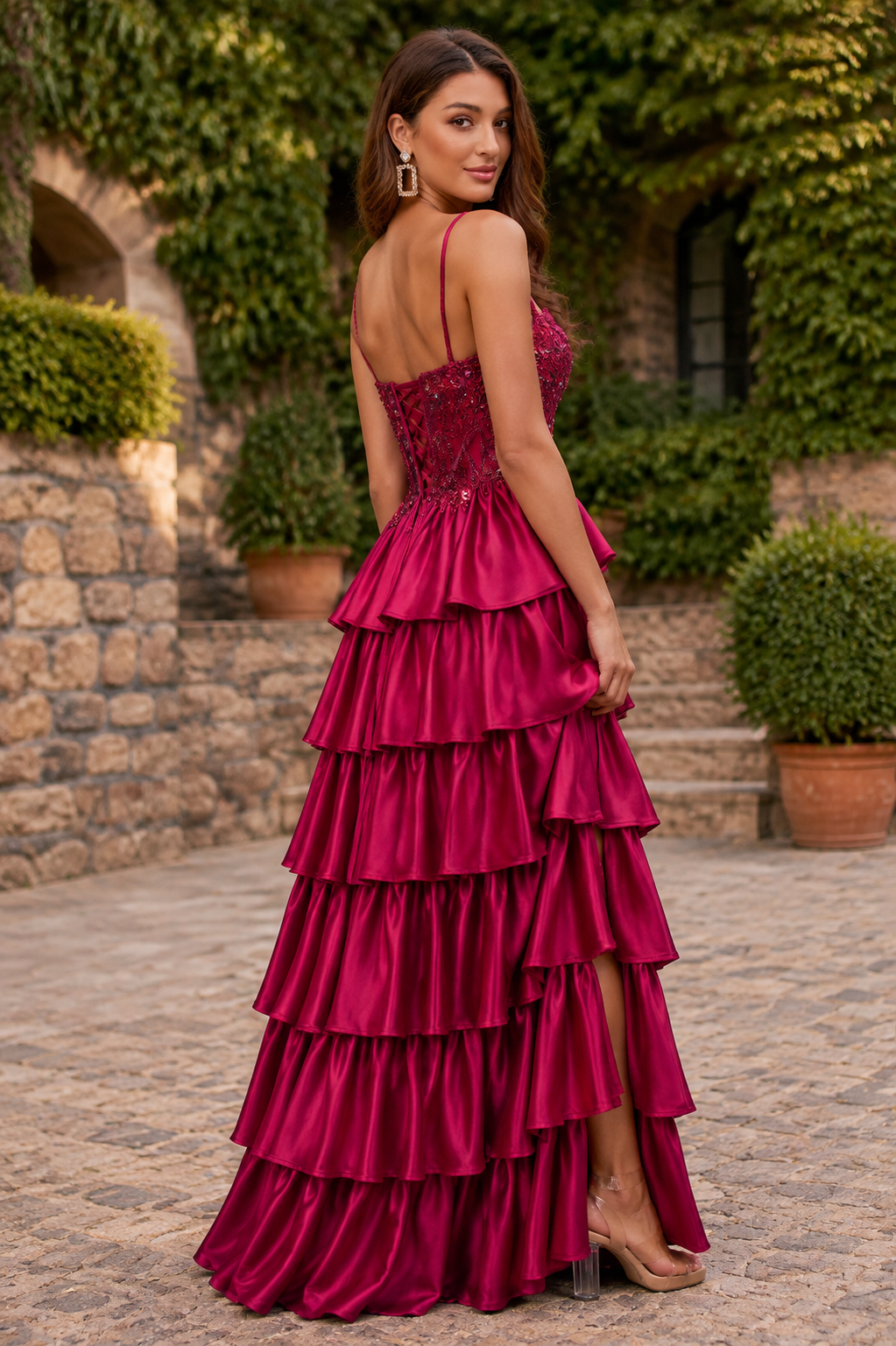 Avenora Tiered Ruffle Spaghetti Strap Prom Dress with Slit