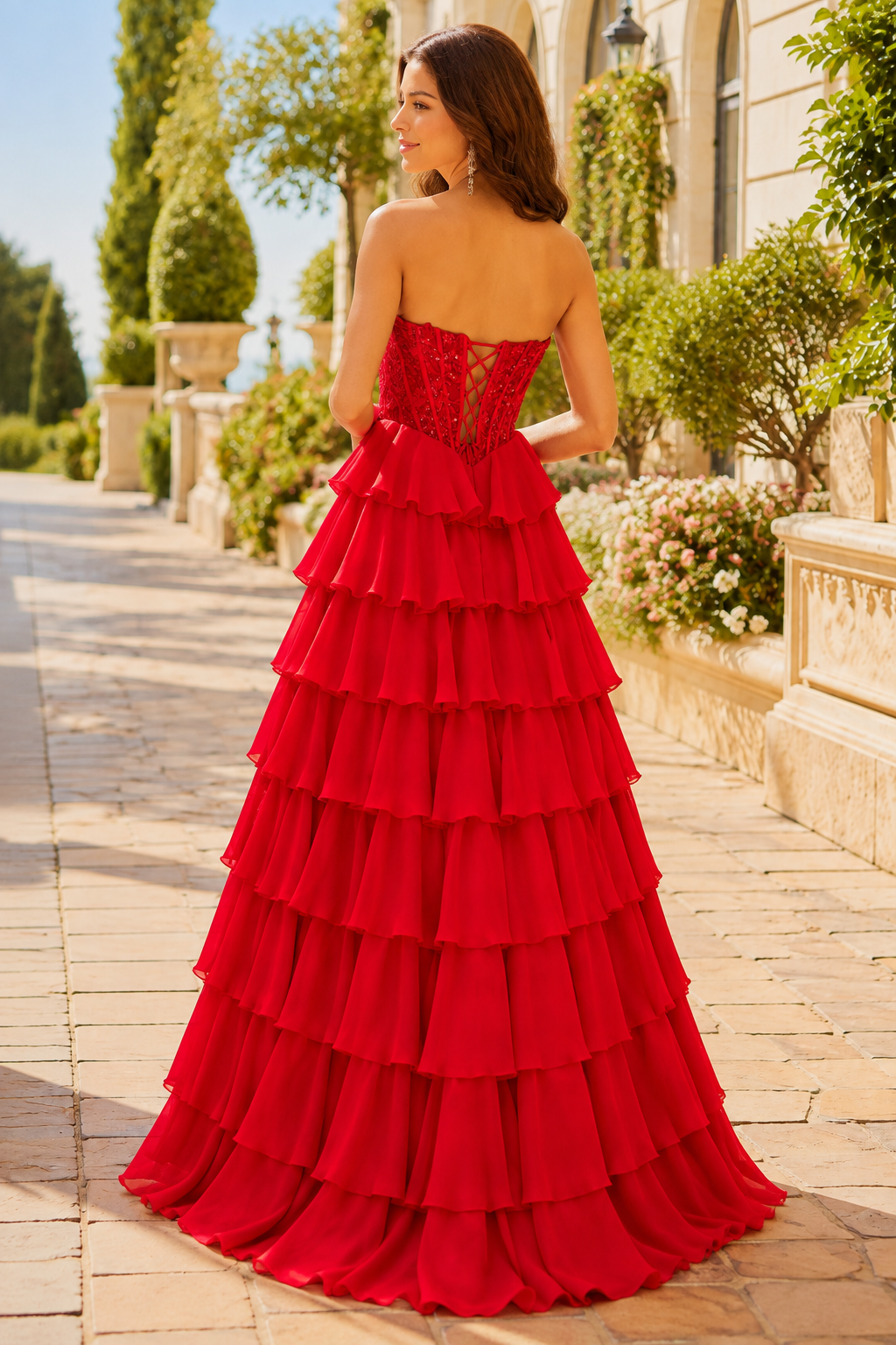 Galisse Strapless Tiered Ruffle Ball Gown Prom Dress