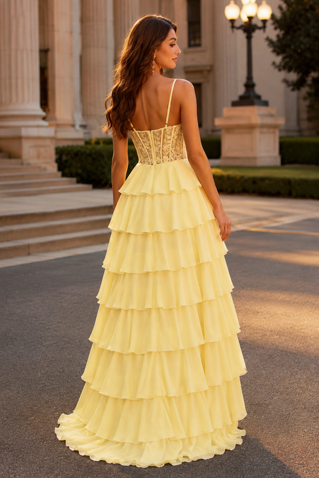 Orlena Beaded Corset Tiered Ruffle Prom Dress with Slit