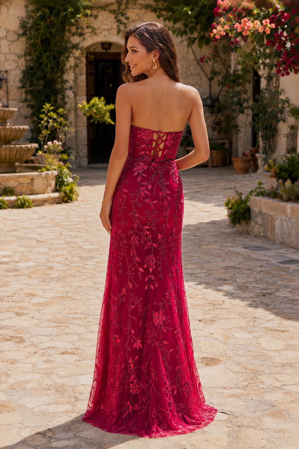 Ferona Strapless Cutout Lace Mermaid Prom Dress with Slit