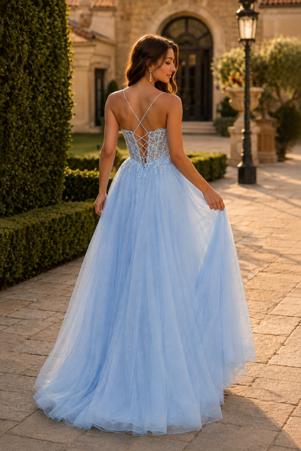 Varella Beaded Corset Tulle A-Line Prom Dress with Slit