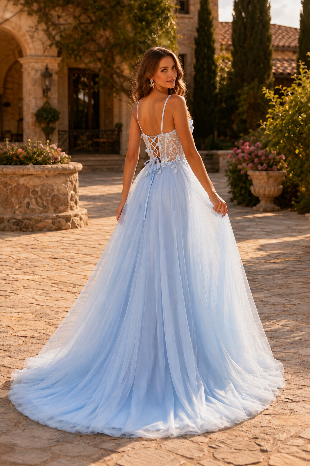 Xelora Floral Applique Tulle A-Line Prom Dress with Slit