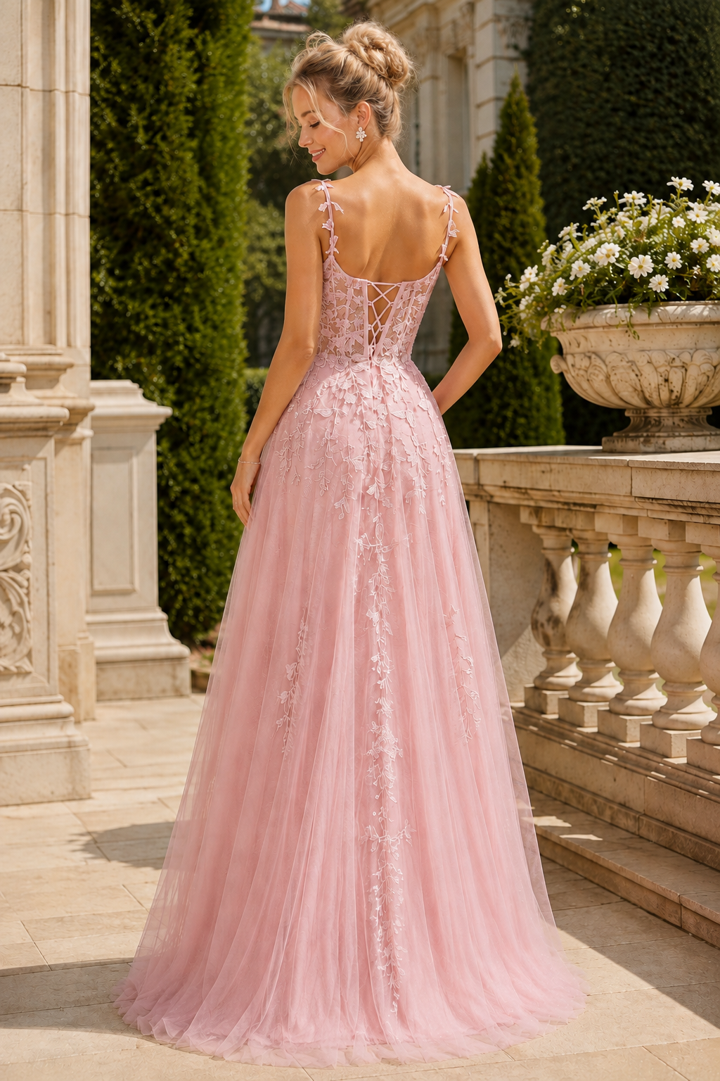 Estnette A Line V Neck Sleeveless Sweep Train Tulle Prom Dress
