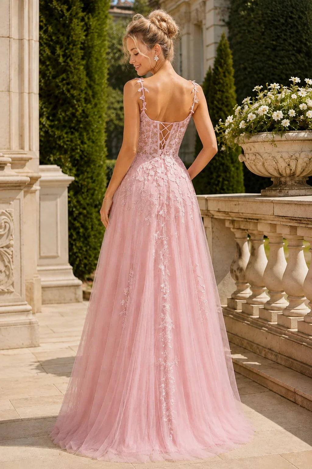 Estnette A Line V Neck Sleeveless Sweep Train Tulle Prom Dress