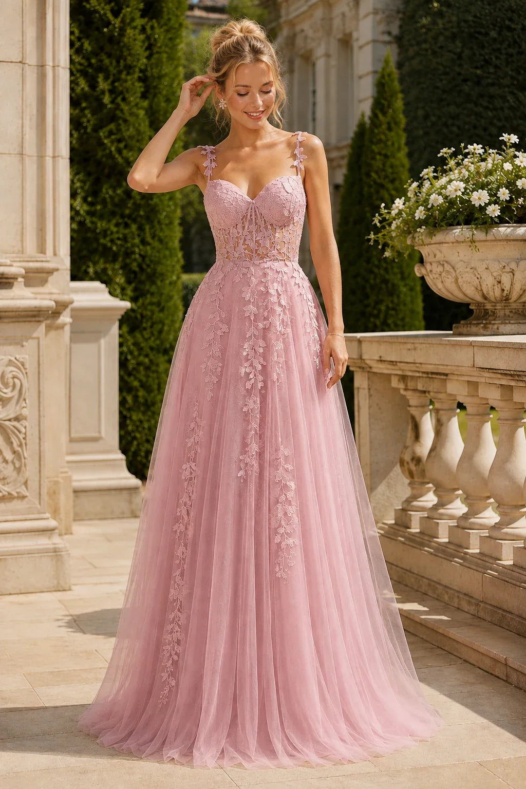Estnette A Line V Neck Sleeveless Sweep Train Tulle Prom Dress