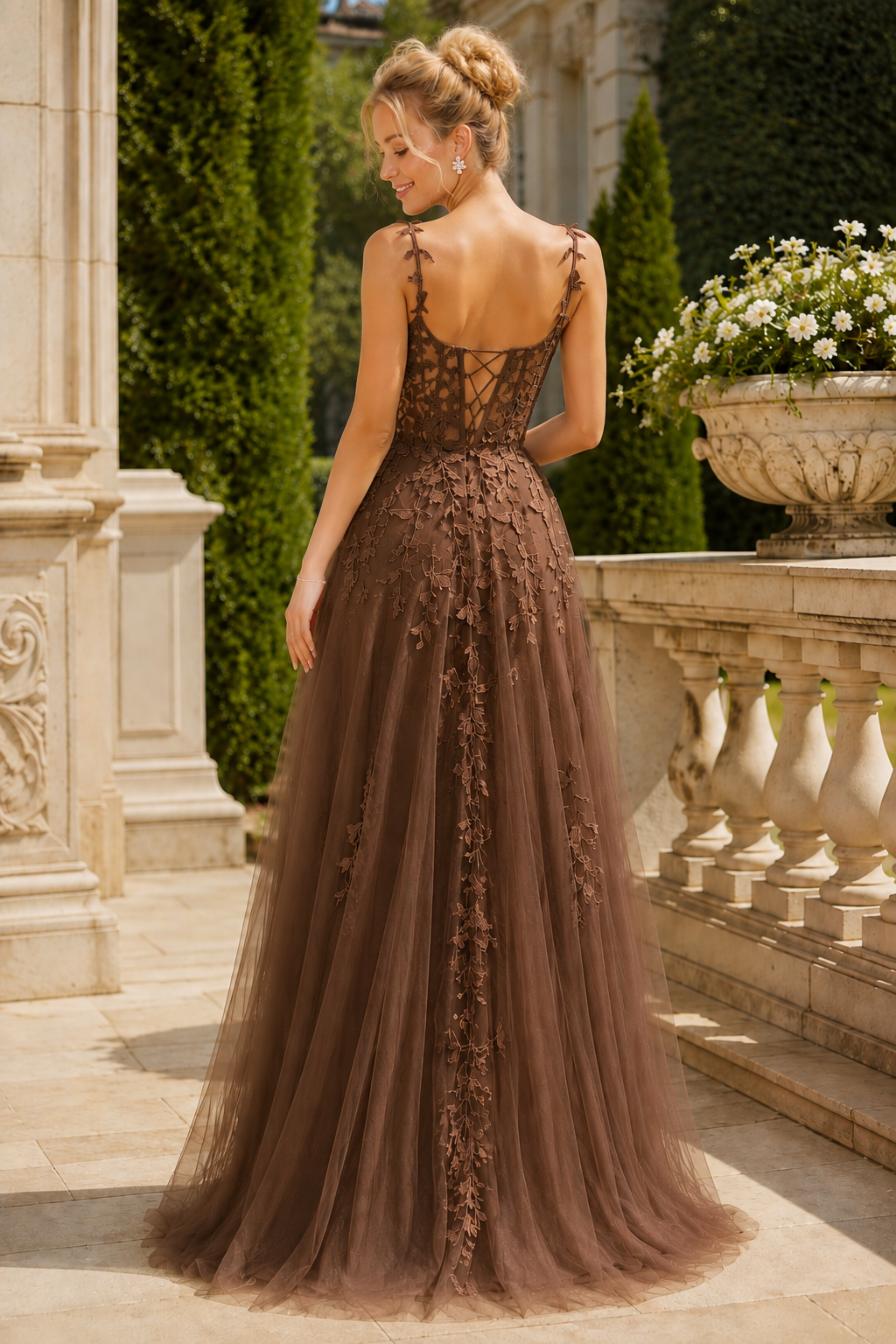 Estnette A Line V Neck Sleeveless Sweep Train Tulle Prom Dress