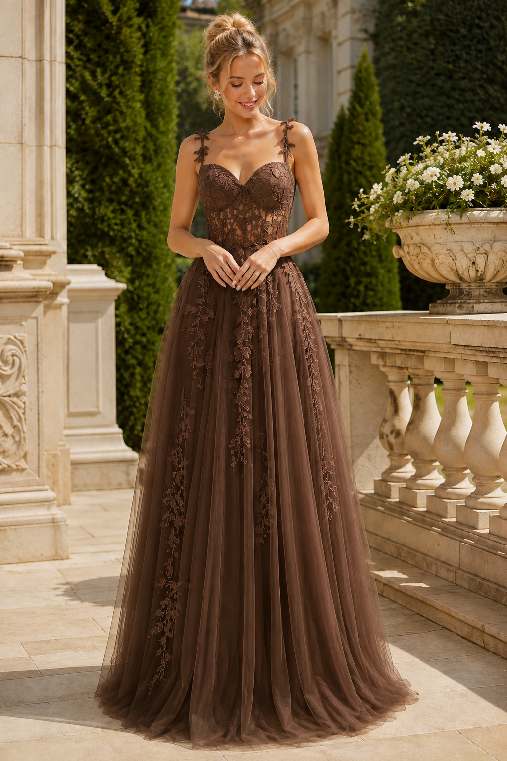 Estnette A Line V Neck Sleeveless Sweep Train Tulle Prom Dress