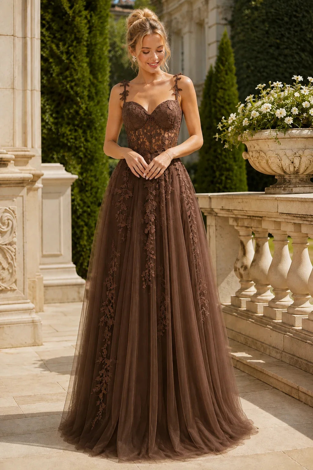 Estnette A Line V Neck Sleeveless Sweep Train Tulle Prom Dress