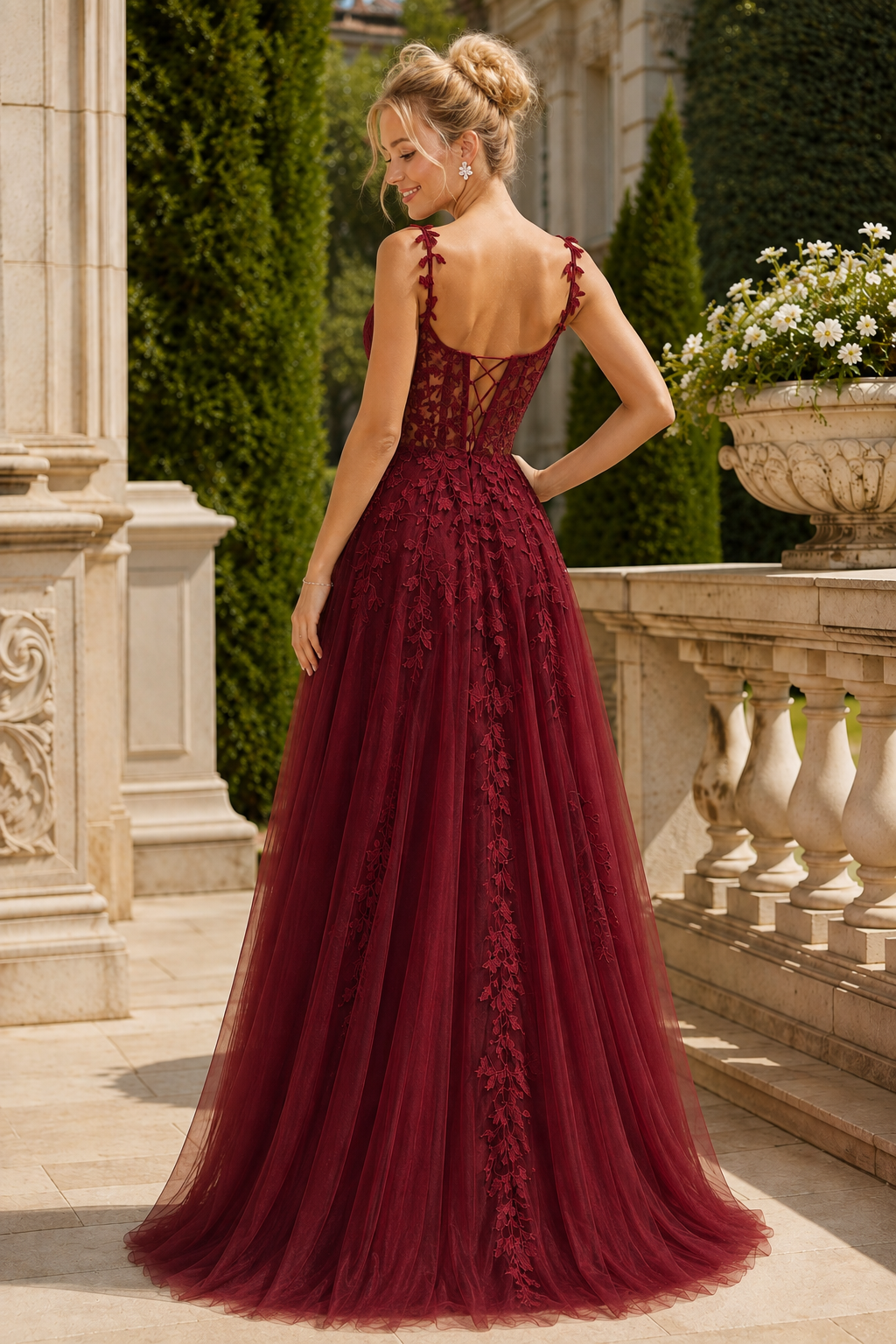 Estnette A Line V Neck Sleeveless Sweep Train Tulle Prom Dress