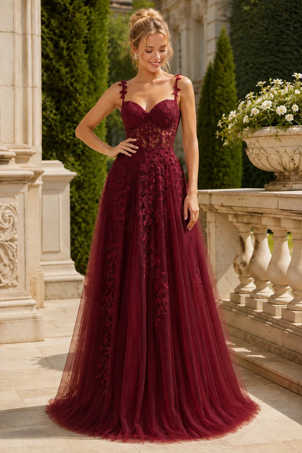 Estnette A Line V Neck Sleeveless Sweep Train Tulle Prom Dress