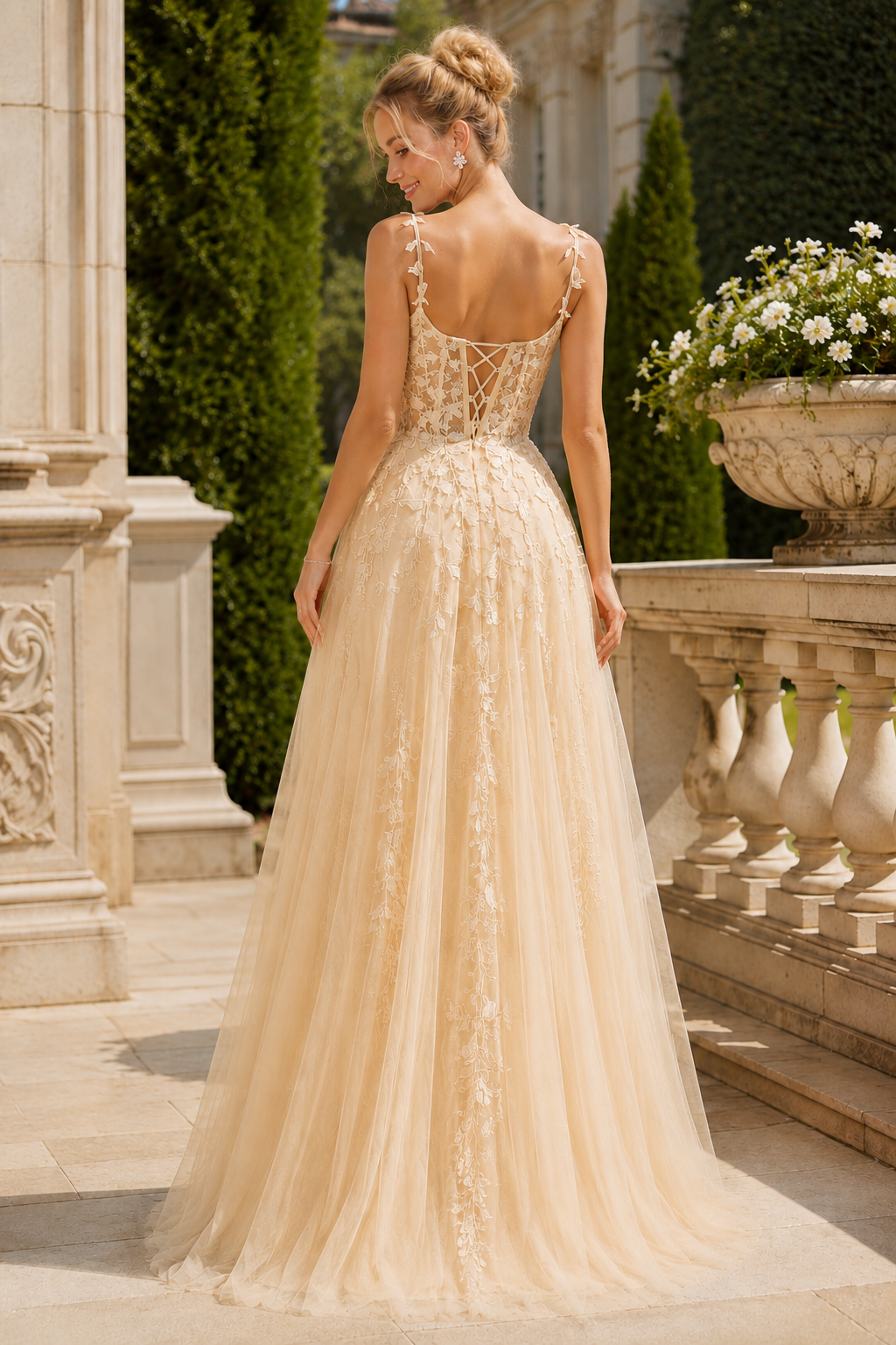 Estnette A Line V Neck Sleeveless Sweep Train Tulle Prom Dress