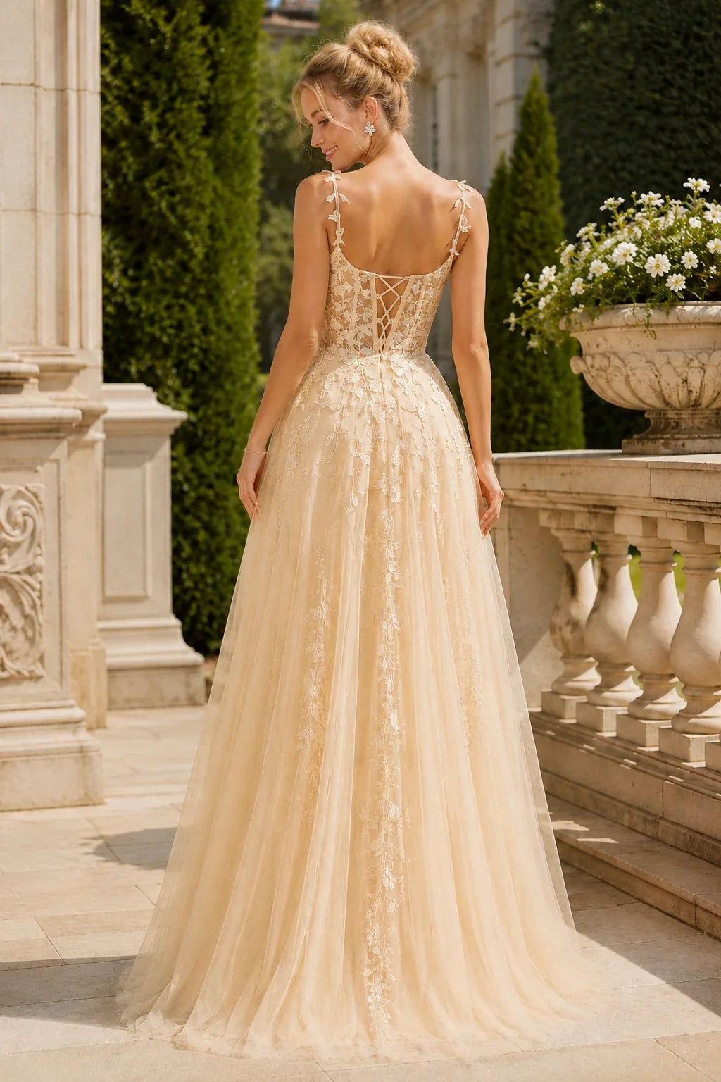 Estnette A Line V Neck Sleeveless Sweep Train Tulle Prom Dress
