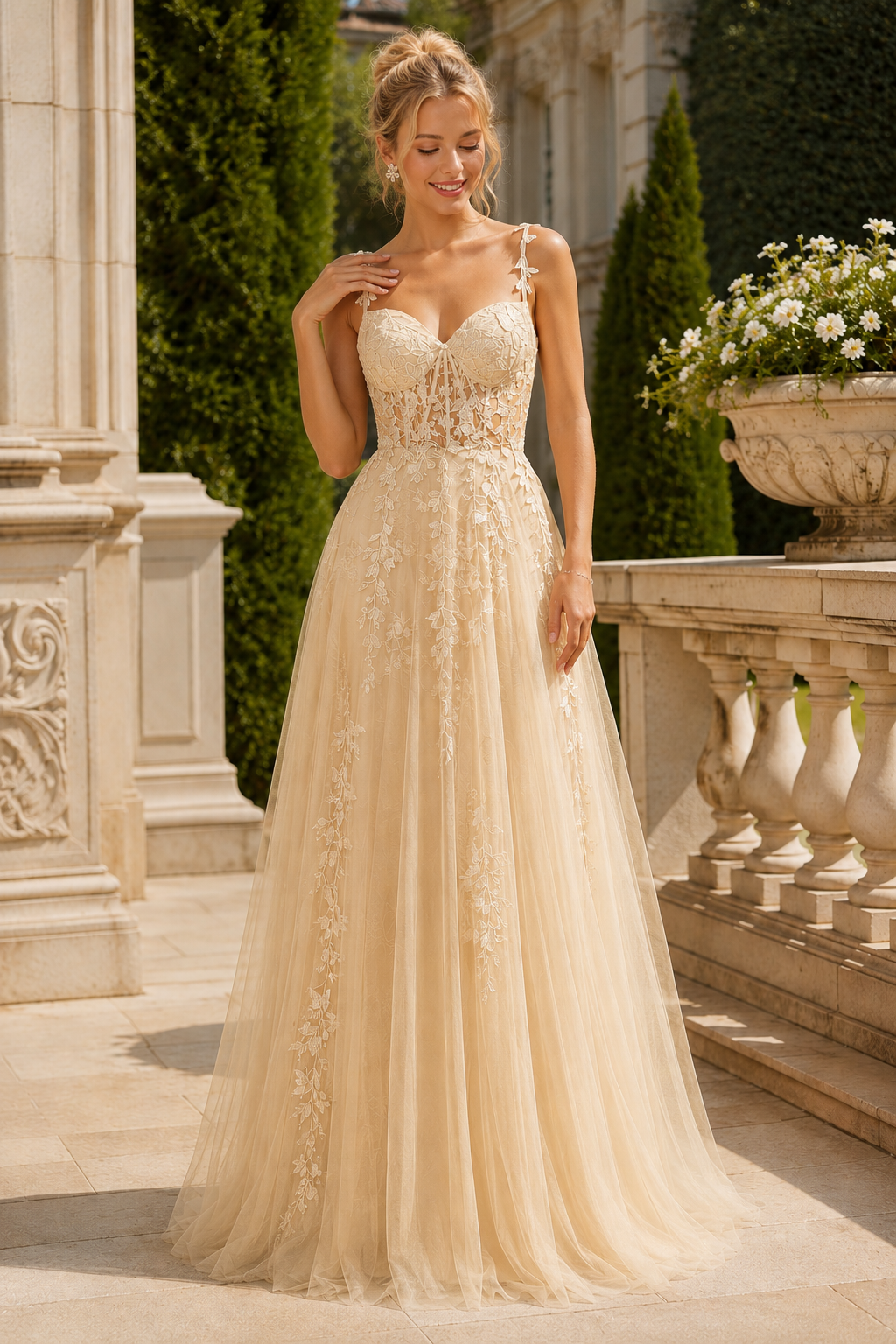 Estnette A Line V Neck Sleeveless Sweep Train Tulle Prom Dress
