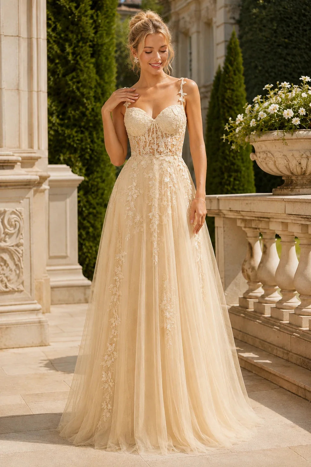 Estnette A Line V Neck Sleeveless Sweep Train Tulle Prom Dress