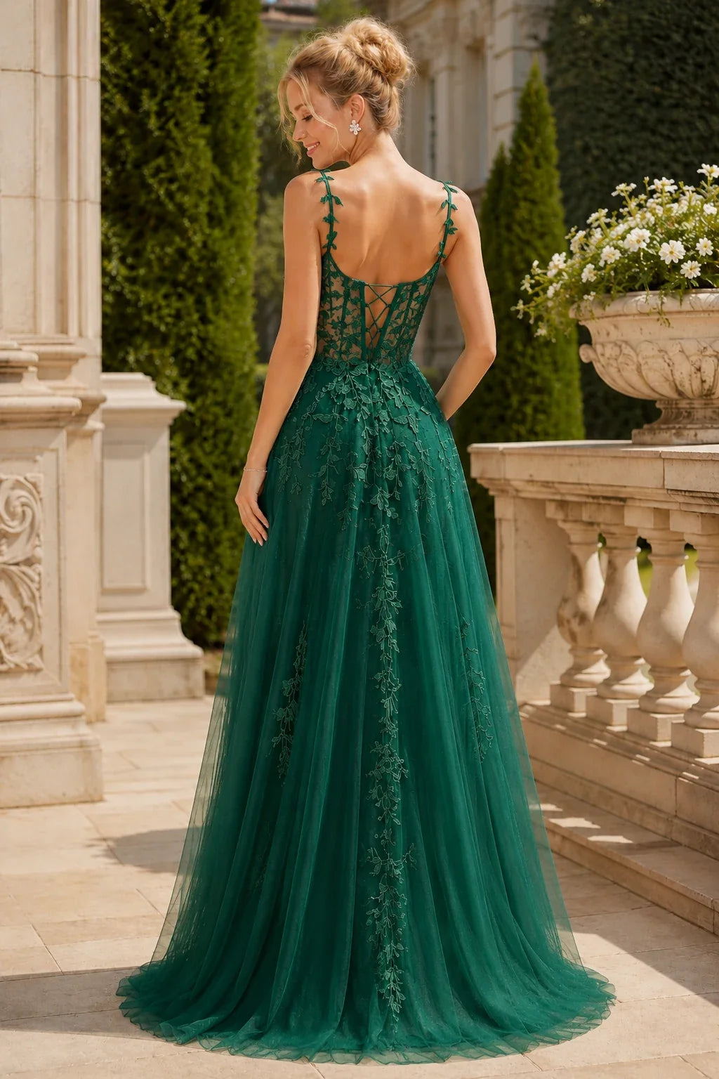 Estnette A Line V Neck Sleeveless Sweep Train Tulle Prom Dress
