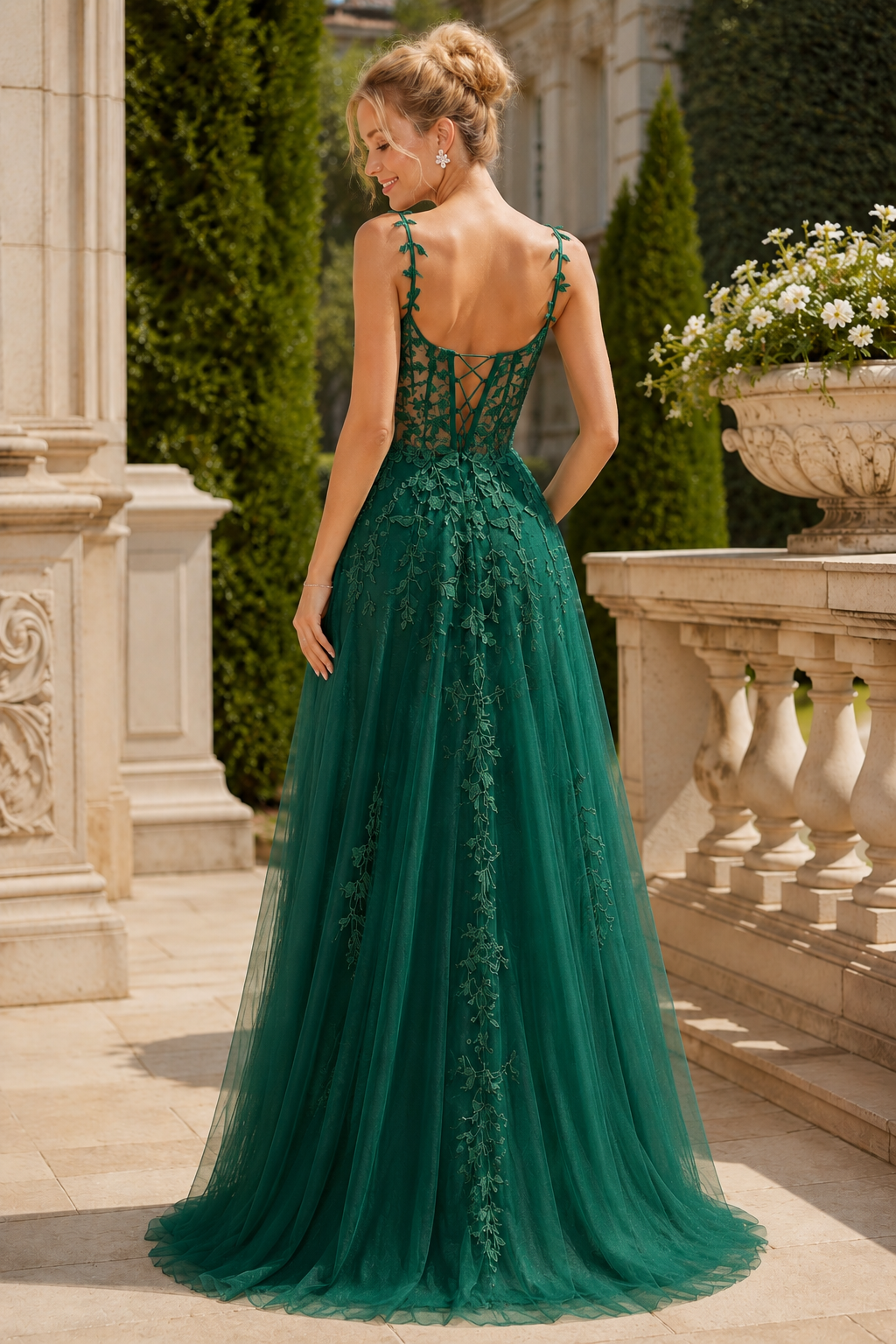 Estnette A Line V Neck Sleeveless Sweep Train Tulle Prom Dress