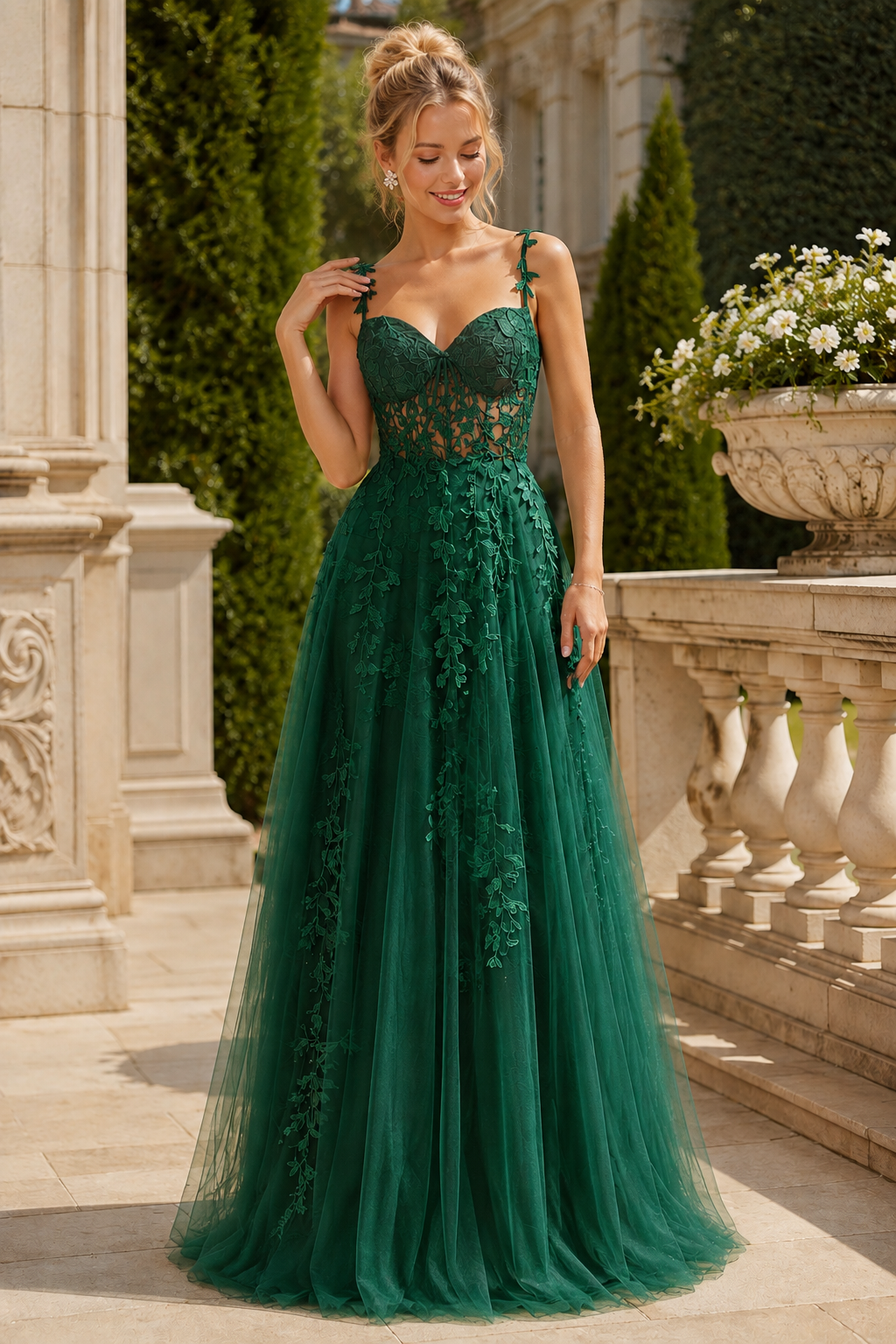 Estnette A Line V Neck Sleeveless Sweep Train Tulle Prom Dress