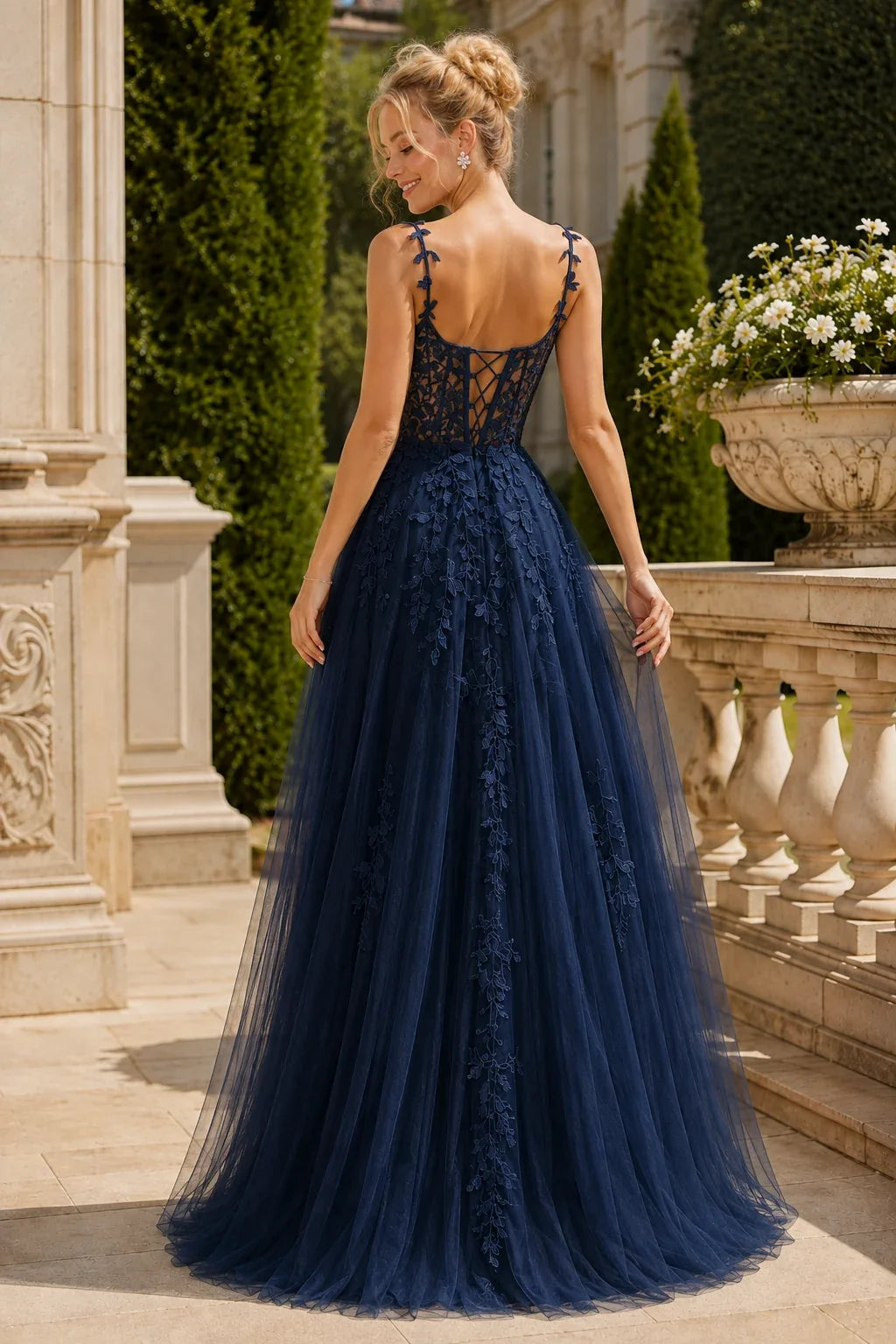 Estnette A Line V Neck Sleeveless Sweep Train Tulle Prom Dress