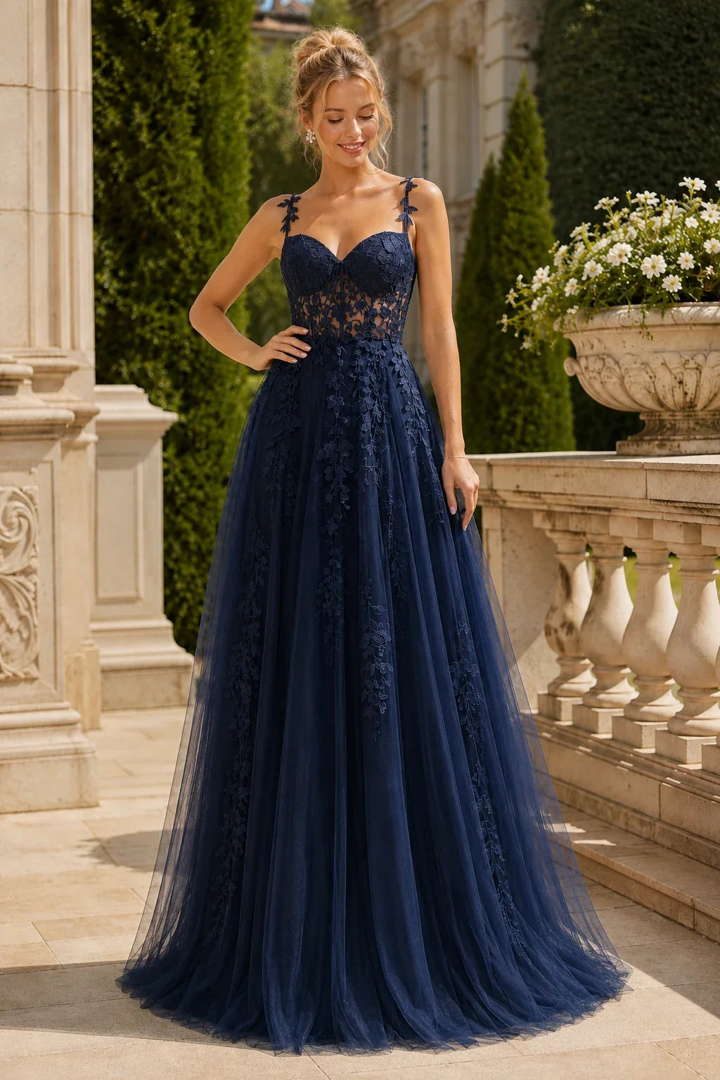 Estnette A Line V Neck Sleeveless Sweep Train Tulle Prom Dress