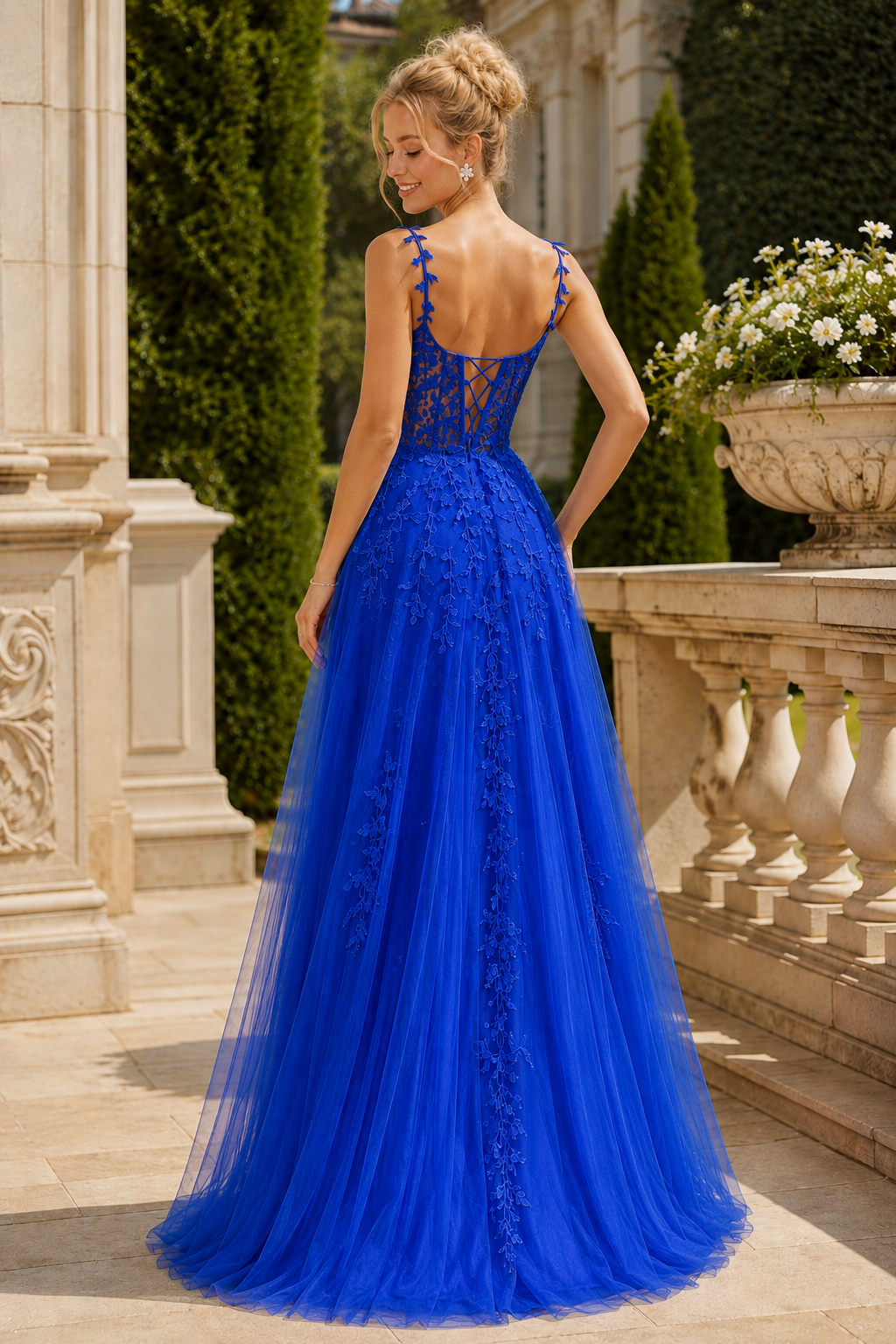 Estnette A Line V Neck Sleeveless Sweep Train Tulle Prom Dress