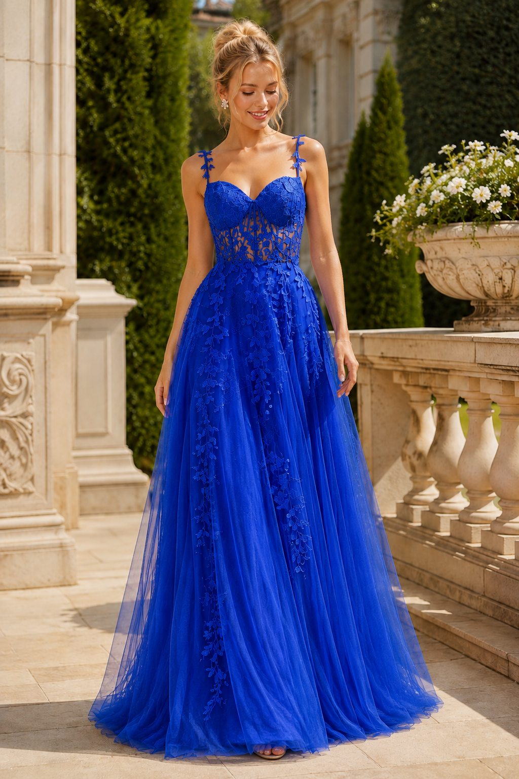 Estnette A Line V Neck Sleeveless Sweep Train Tulle Prom Dress