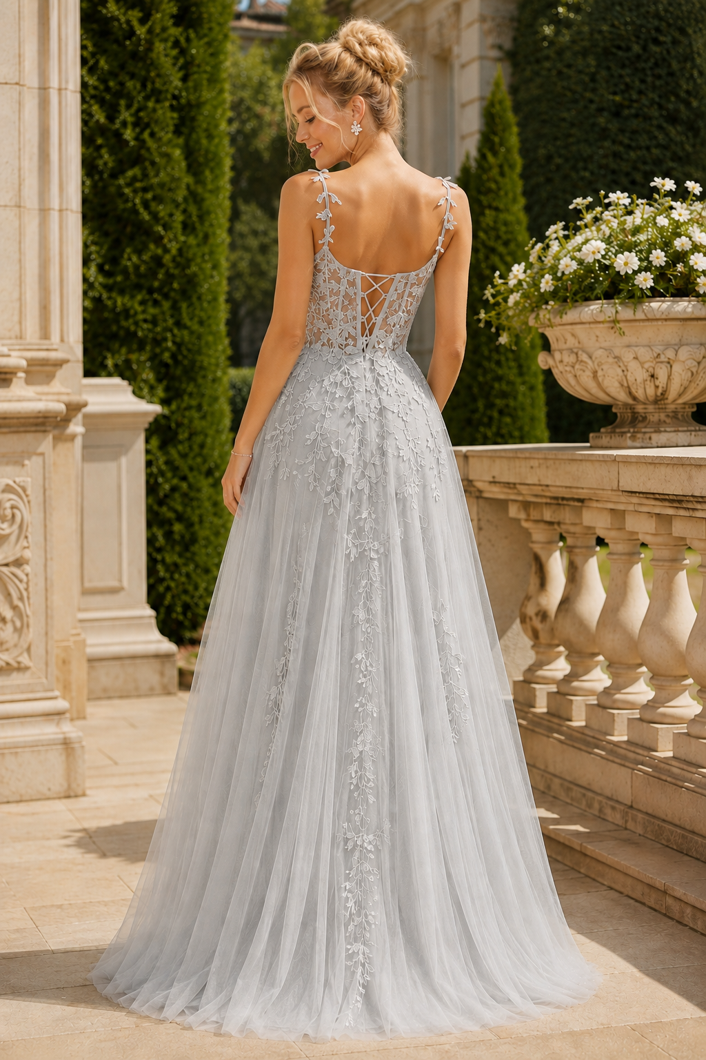 Estnette A Line V Neck Sleeveless Sweep Train Tulle Prom Dress
