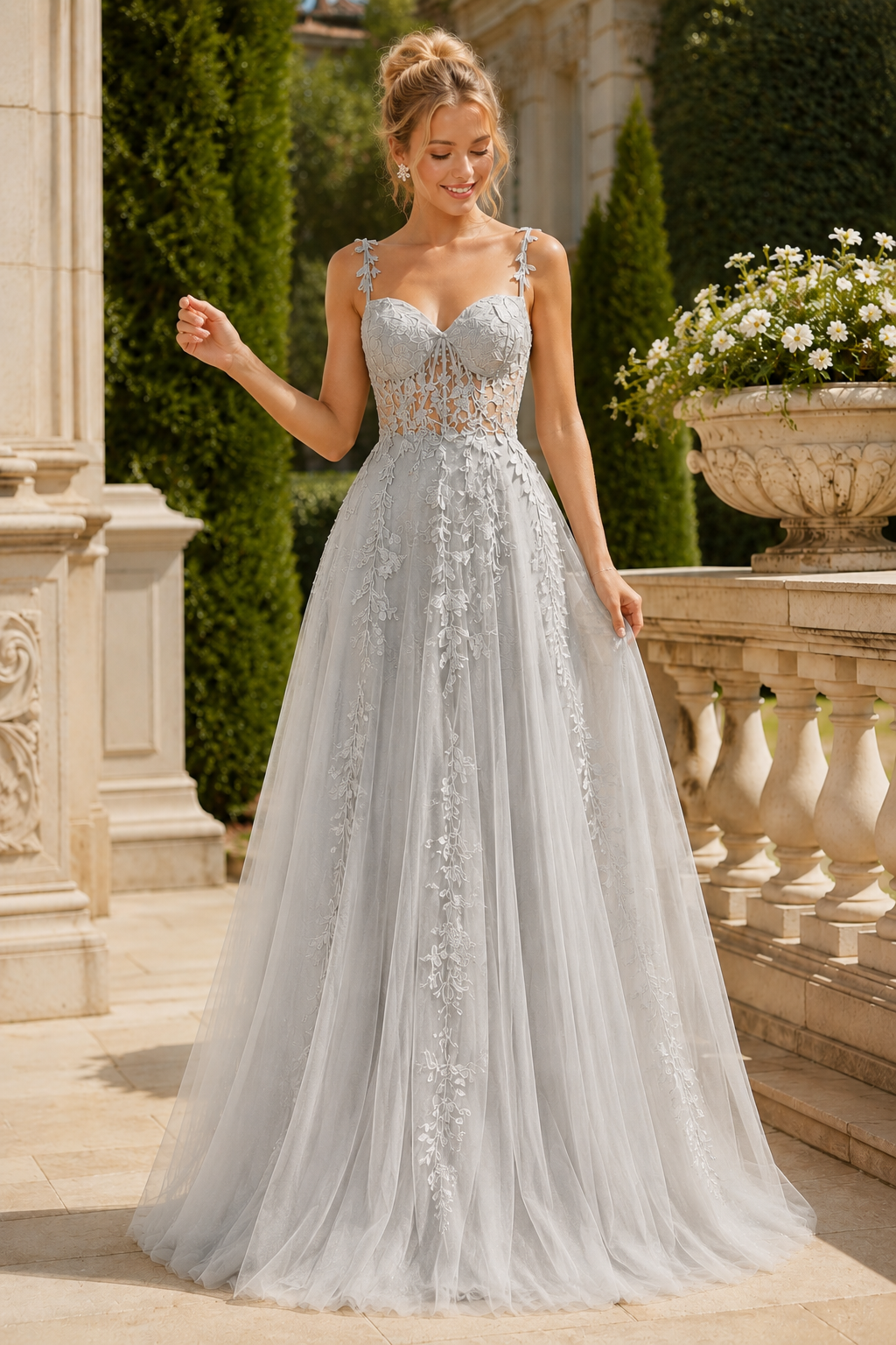 Estnette A Line V Neck Sleeveless Sweep Train Tulle Prom Dress