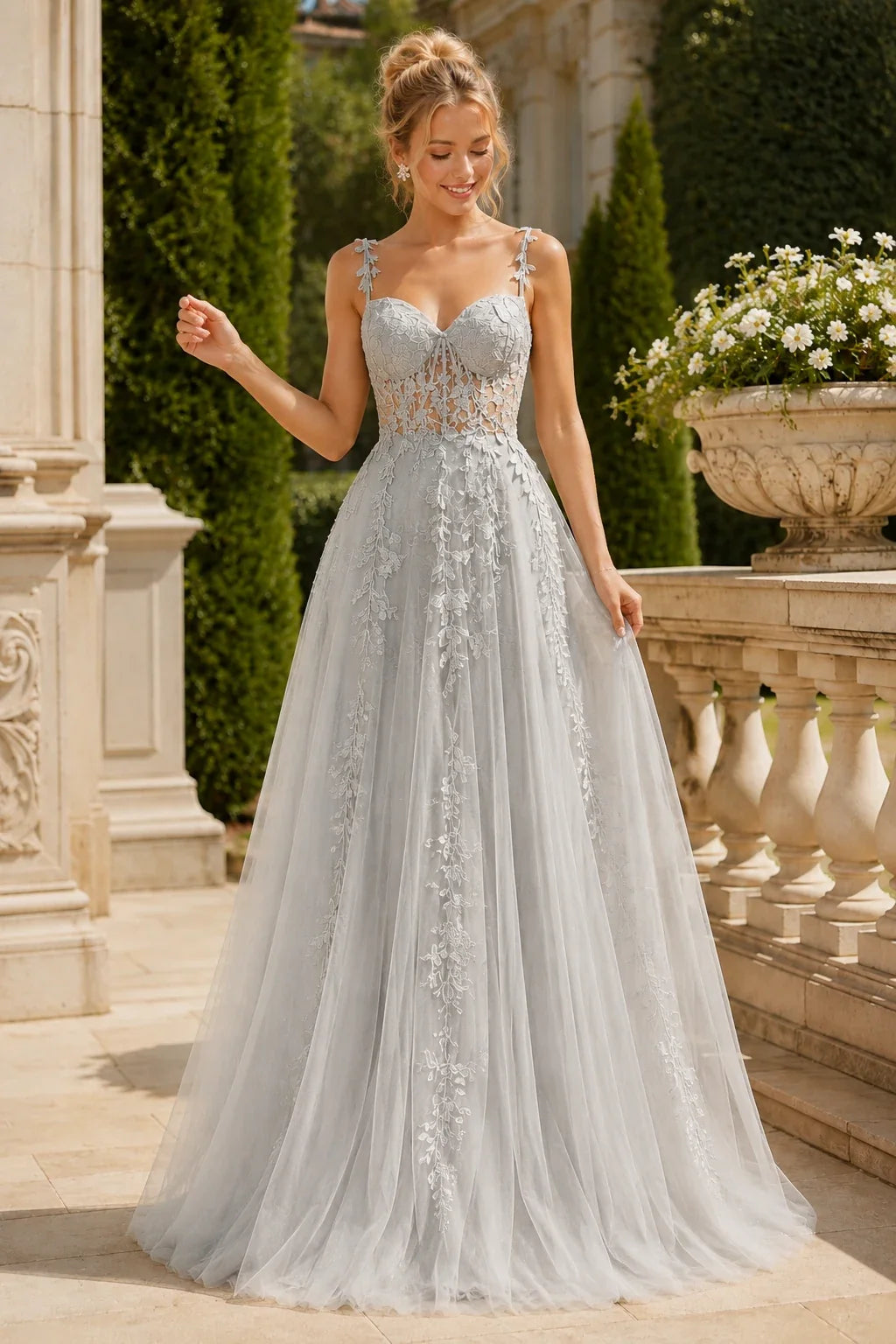 Estnette A Line V Neck Sleeveless Sweep Train Tulle Prom Dress