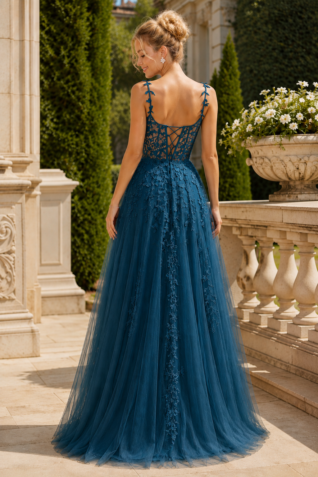 Estnette A Line V Neck Sleeveless Sweep Train Tulle Prom Dress