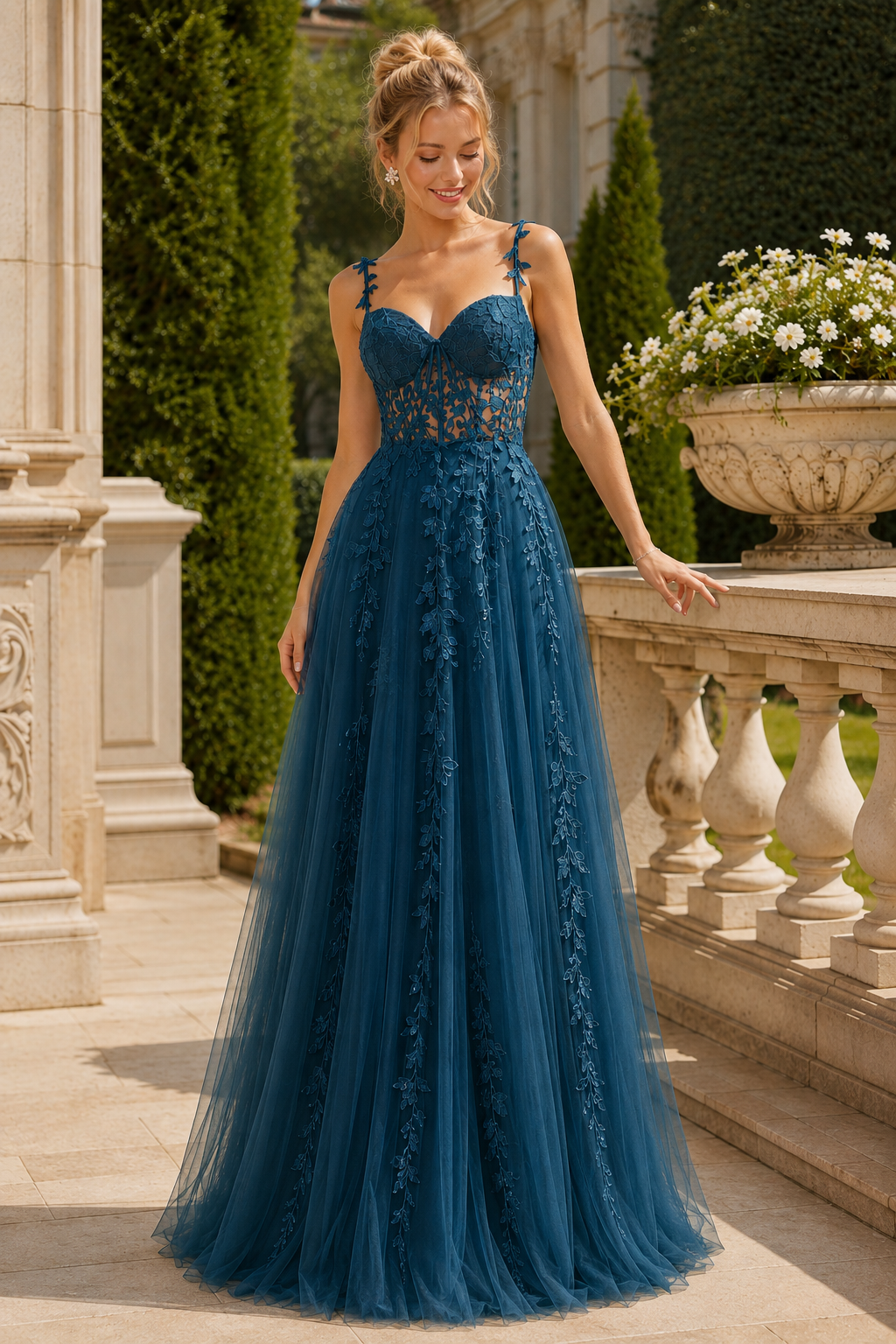 Estnette A Line V Neck Sleeveless Sweep Train Tulle Prom Dress
