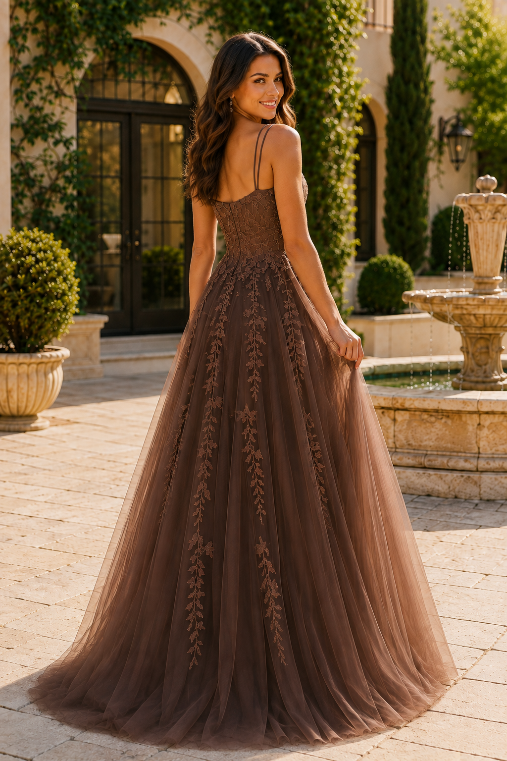 Elovina A Line Square Neckline Sleeveless Sweep Train Tulle Prom Dress- Style