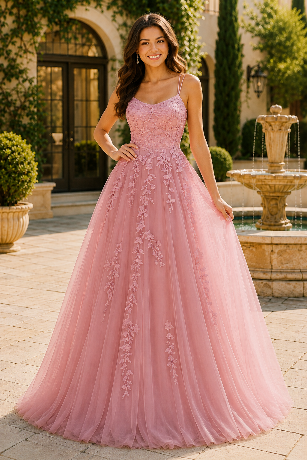 Elovina A Line Square Neckline Sleeveless Sweep Train Tulle Prom Dress- Style