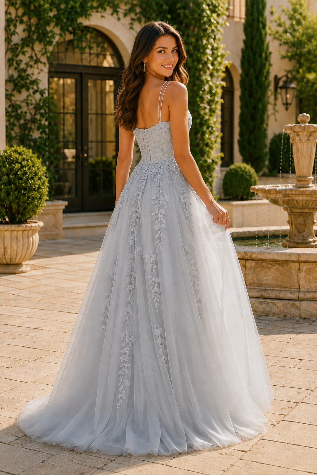 Elovina A Line Square Neckline Sleeveless Sweep Train Tulle Prom Dress- Style