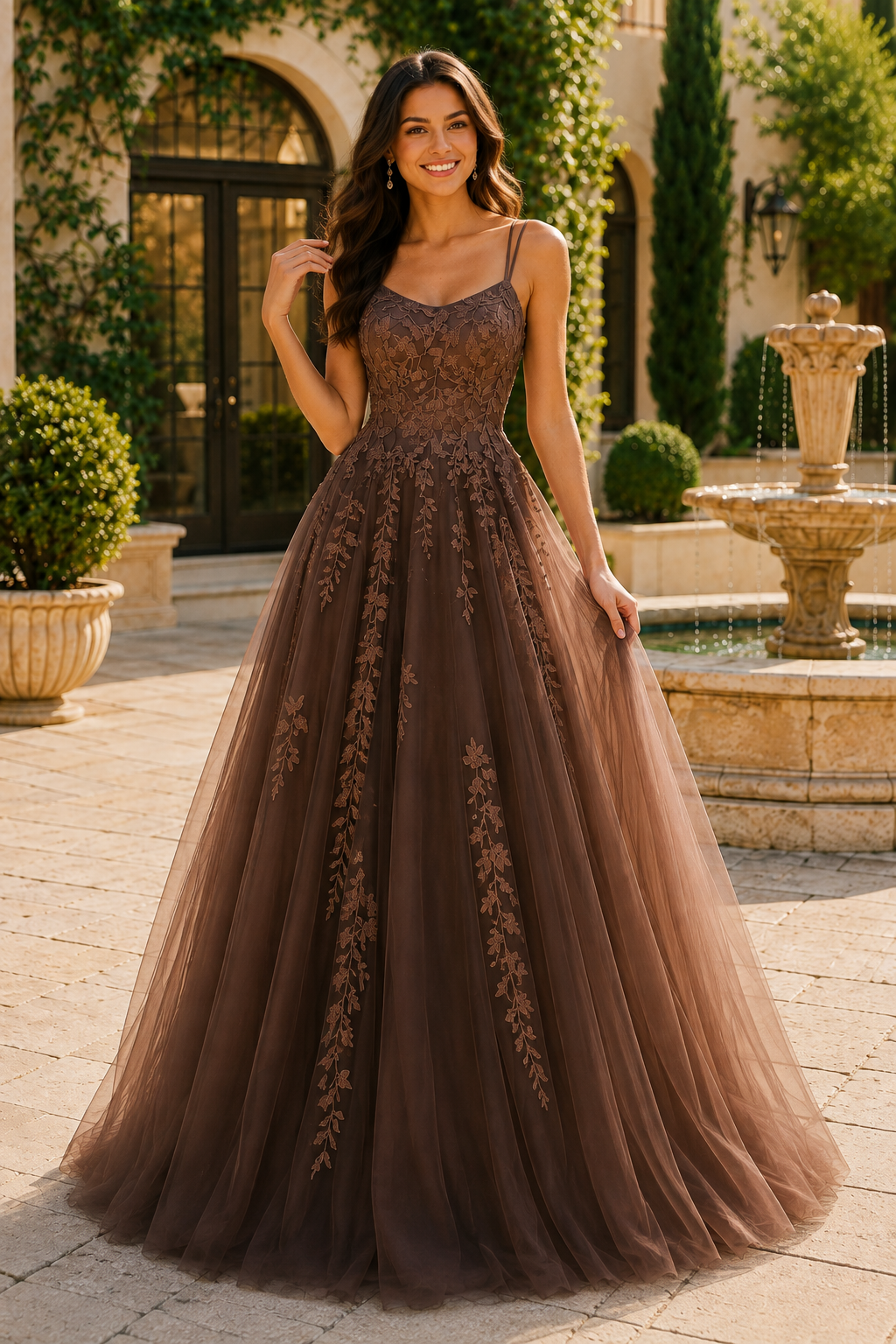 Elovina A Line Square Neckline Sleeveless Sweep Train Tulle Prom Dress- Style
