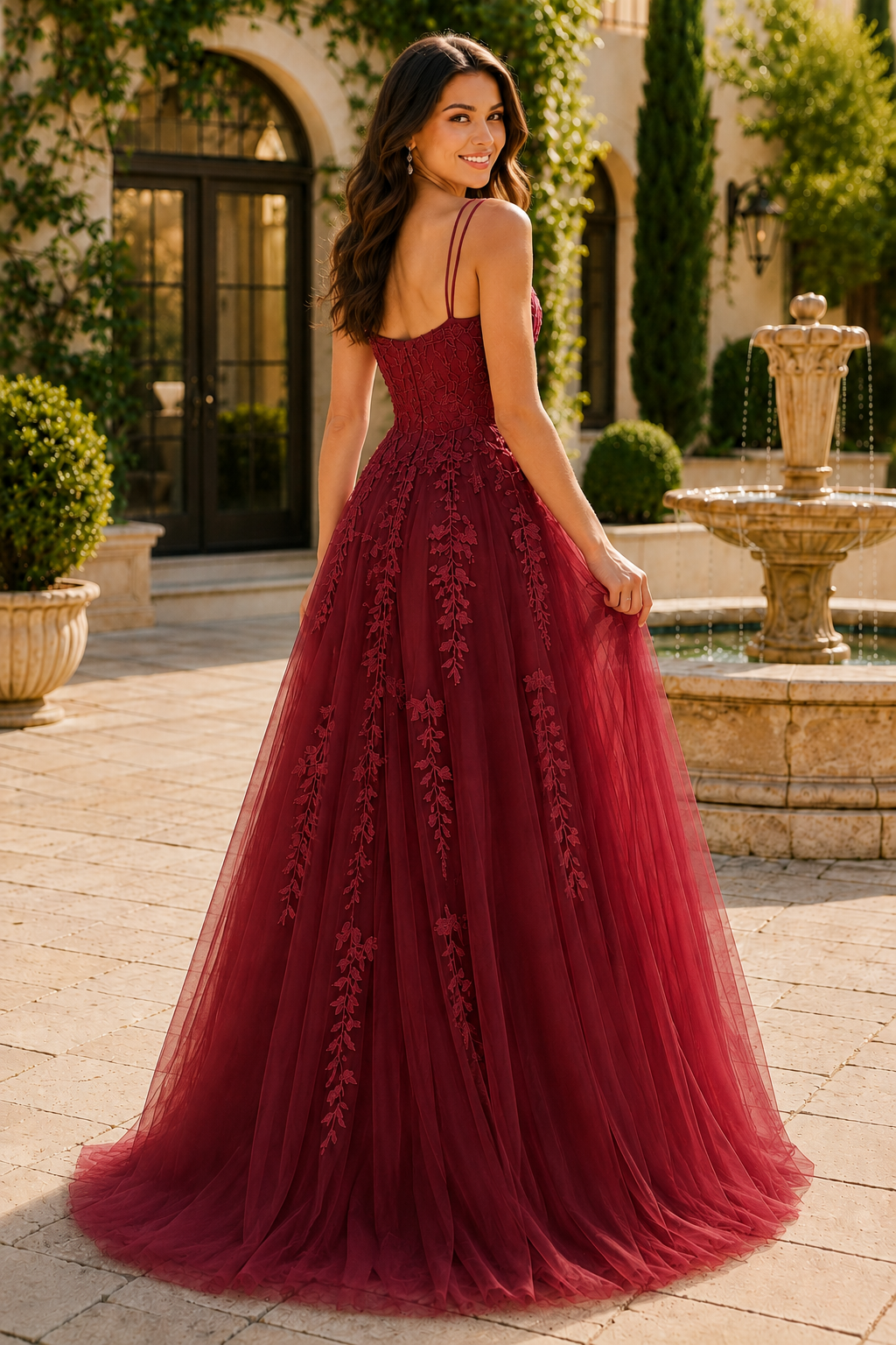 Elovina A Line Square Neckline Sleeveless Sweep Train Tulle Prom Dress- Style