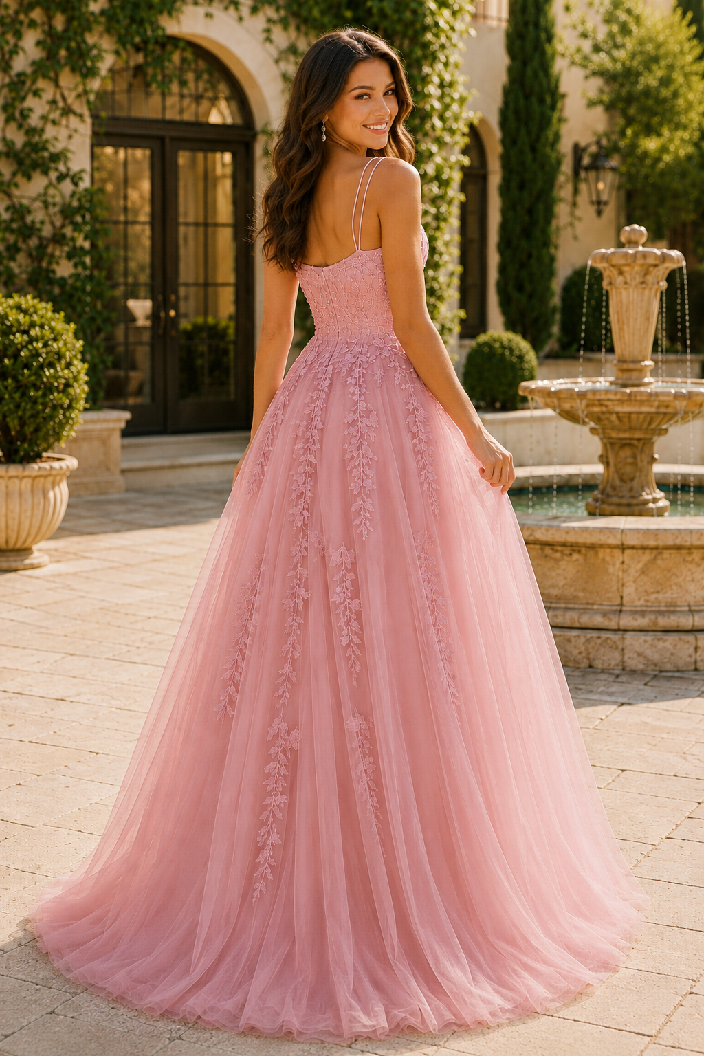 Elovina A Line Square Neckline Sleeveless Sweep Train Tulle Prom Dress- Style
