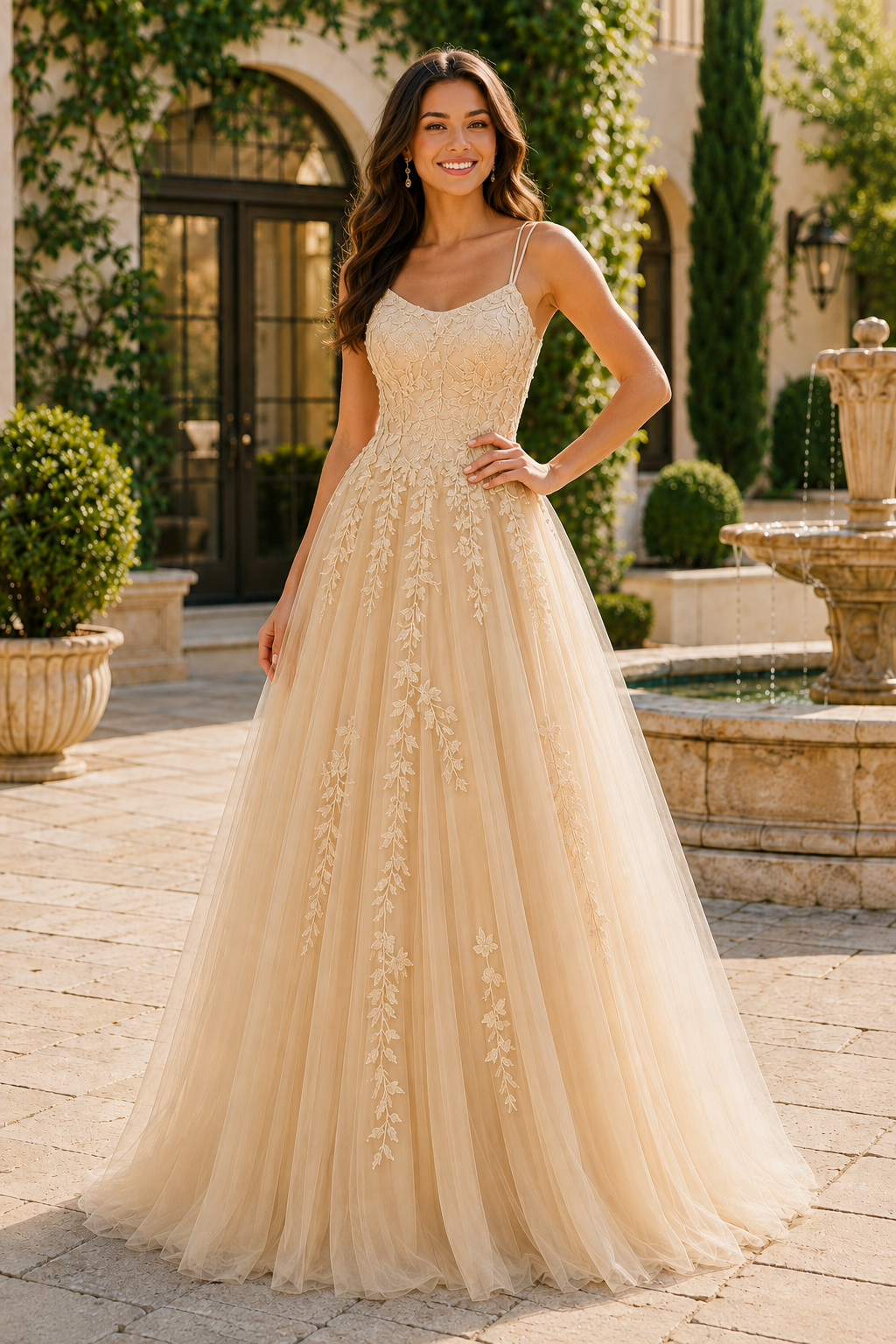 Elovina A Line Square Neckline Sleeveless Sweep Train Tulle Prom Dress- Style