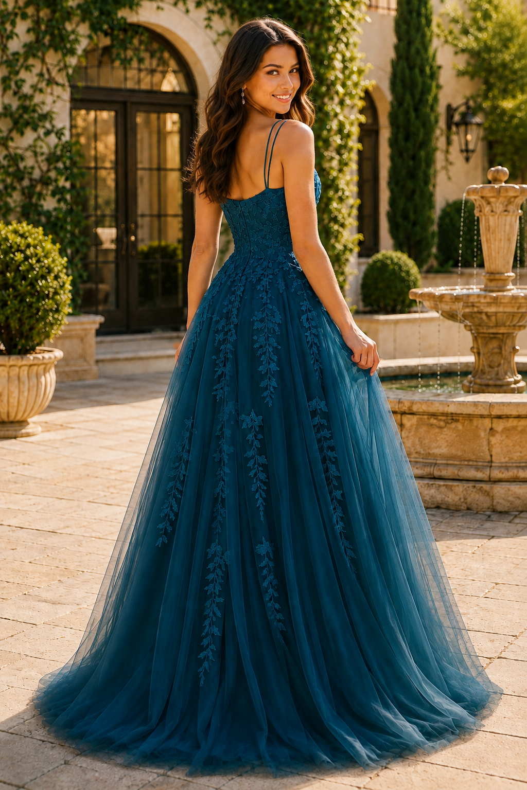 Elovina A Line Square Neckline Sleeveless Sweep Train Tulle Prom Dress- Style