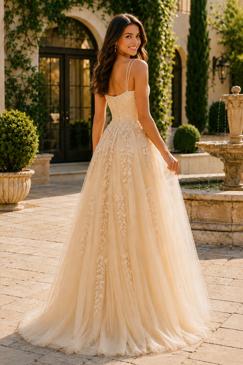 Elovina A Line Square Neckline Sleeveless Sweep Train Tulle Prom Dress- Style