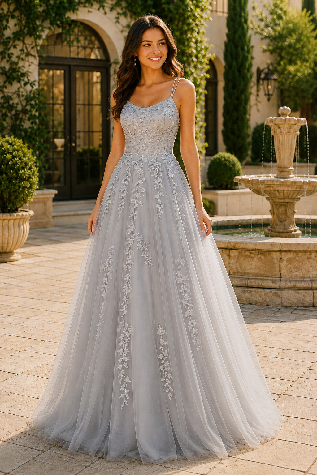 Elovina A Line Square Neckline Sleeveless Sweep Train Tulle Prom Dress- Style