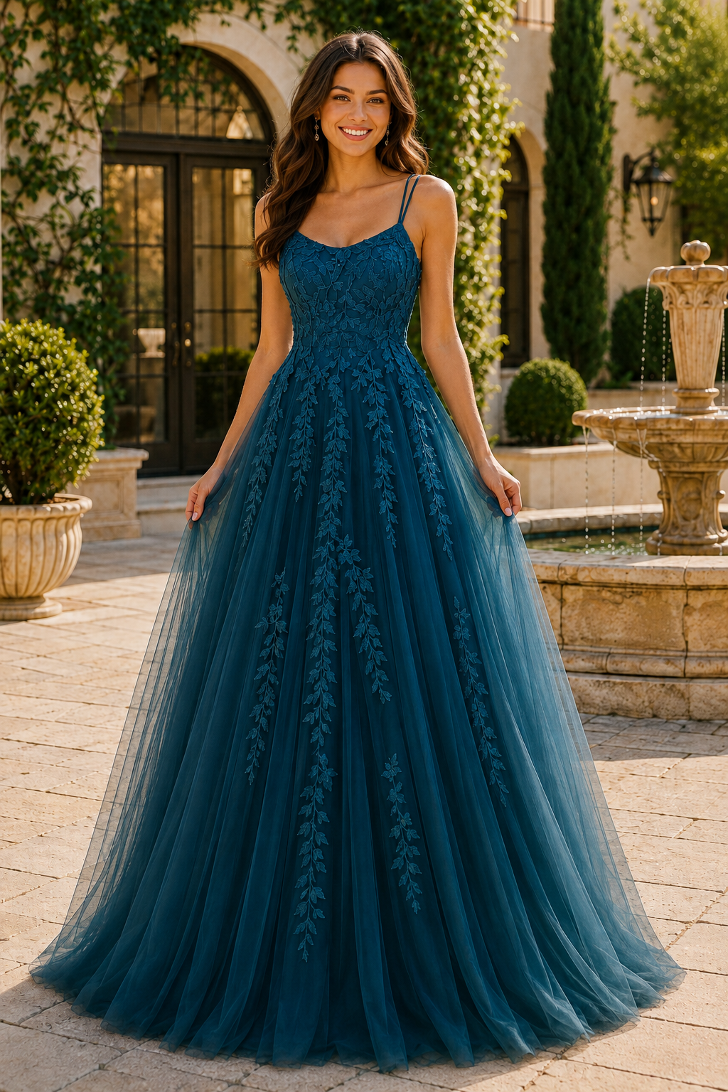 Elovina A Line Square Neckline Sleeveless Sweep Train Tulle Prom Dress- Style