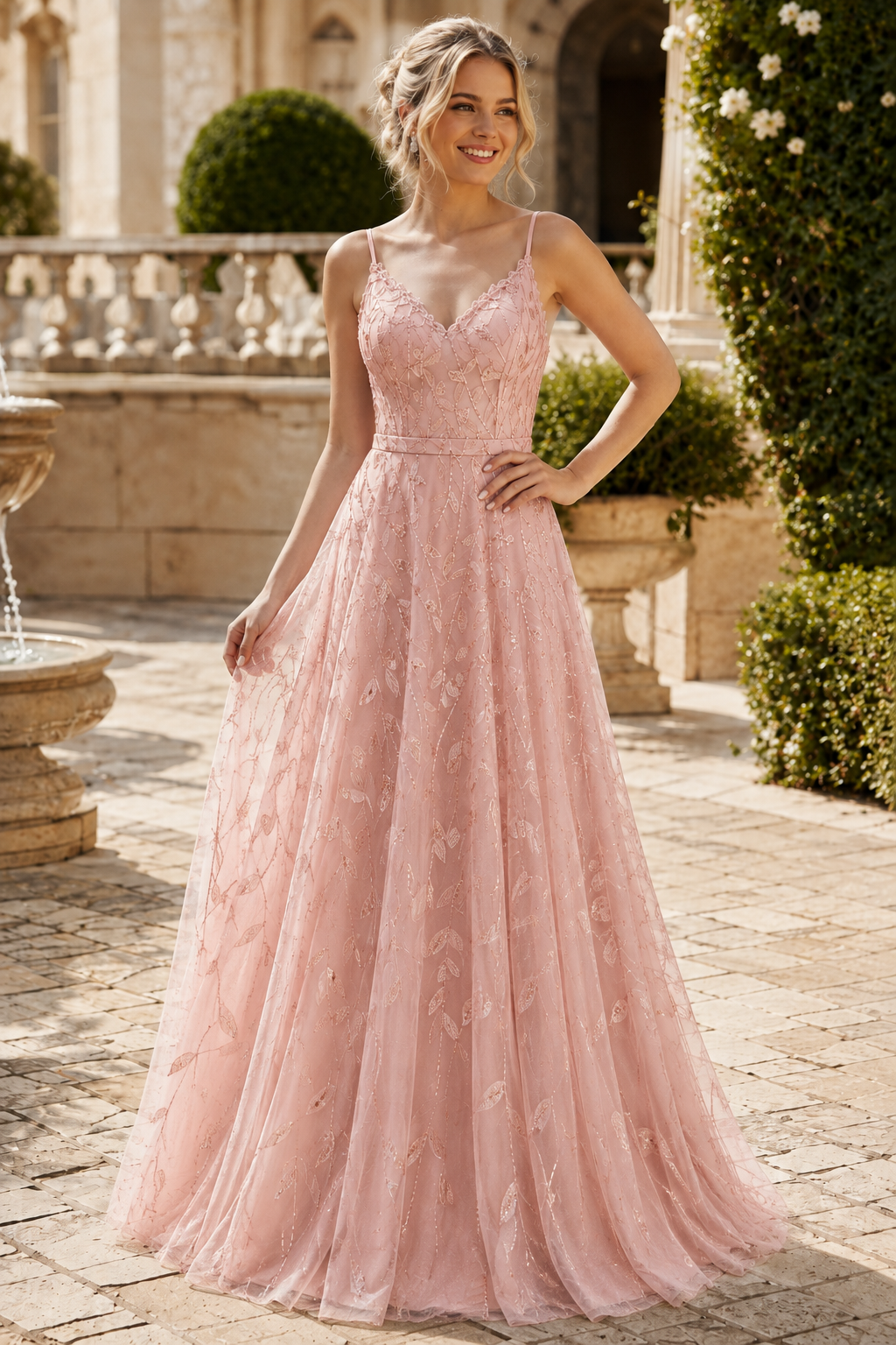 Arisette A Line V Neck Floor Length Tulle Prom Dress- Style