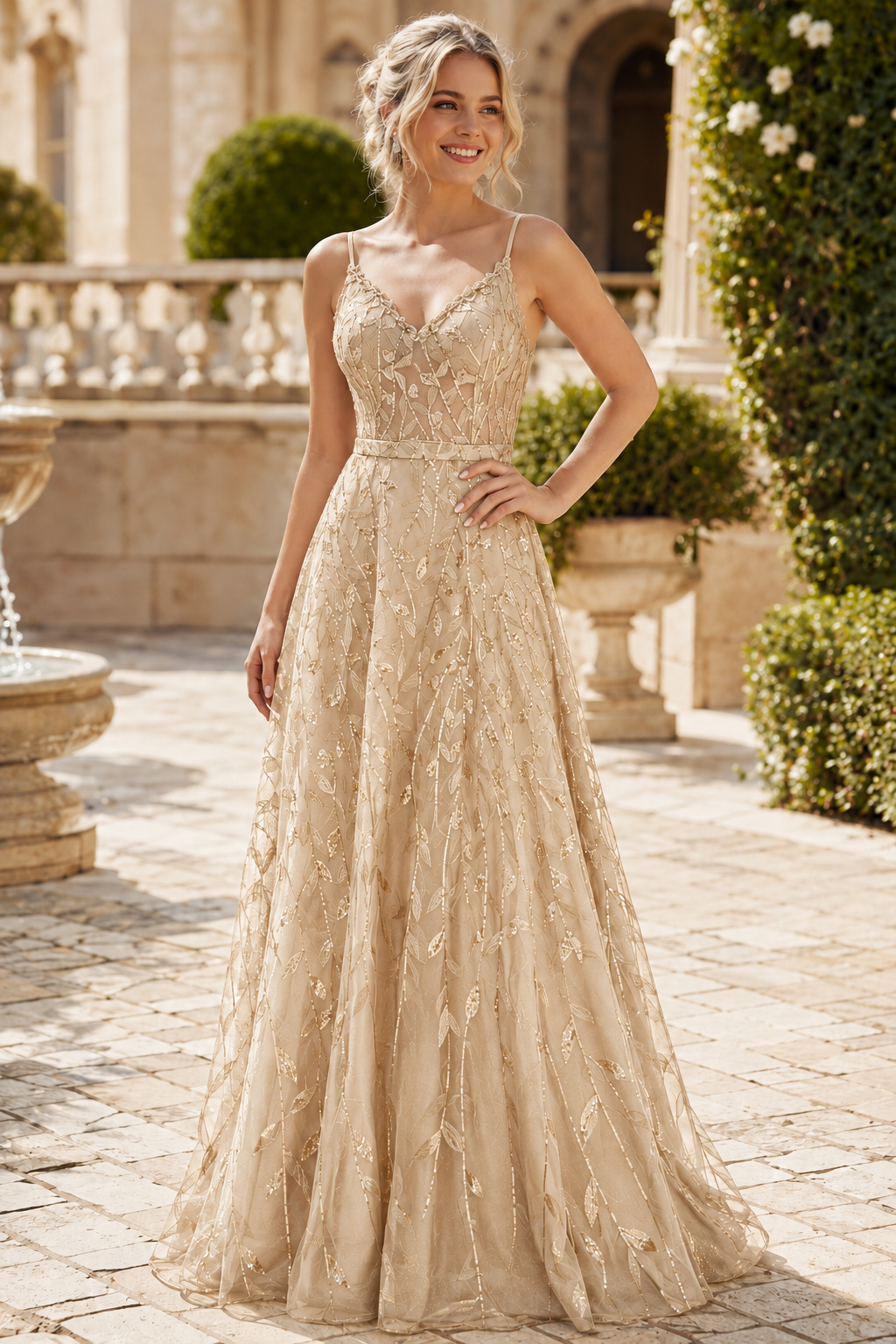 Arisette A Line V Neck Floor Length Tulle Prom Dress- Style