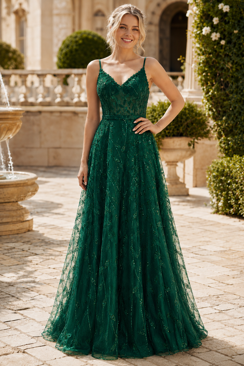 Arisette A Line V Neck Floor Length Tulle Prom Dress- Style
